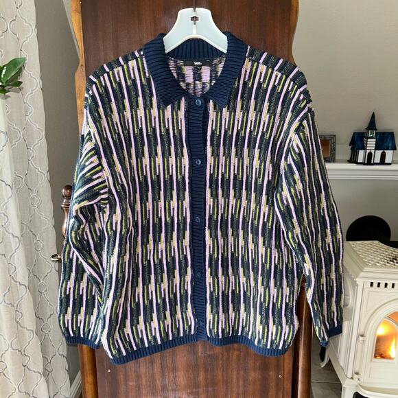 Vans Women's Alta Chunky Knitt Cardigan Vertical Stripe Blue Green Pink XS/S - Picture 1 of 10